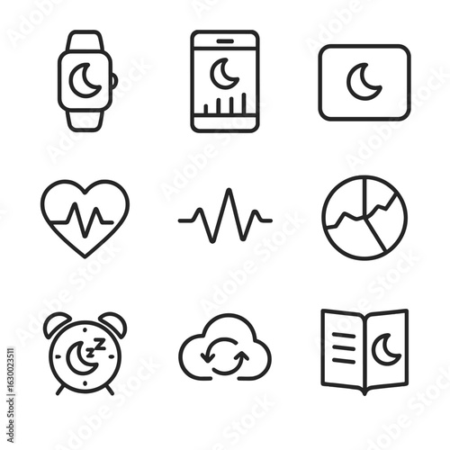 Sleep Tracking Icons. Outline icon set of sleep tracking tools: wearable sleep tracker, mobile sleep app screen, mattress sensor