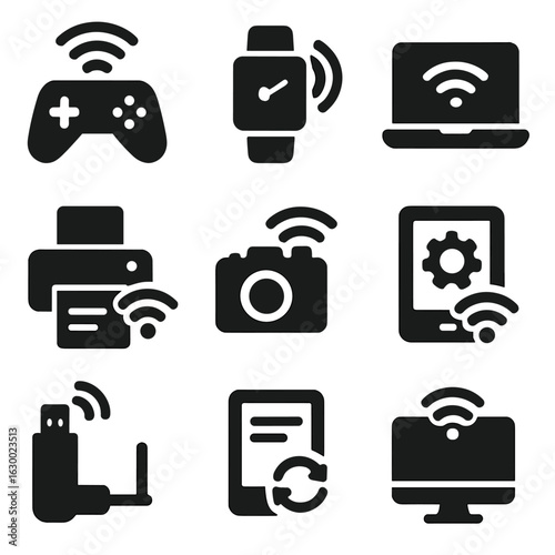 Device Connectivity Icons. Solid, filled icons set of connecting devices to Wi-Fi: gaming console signal,