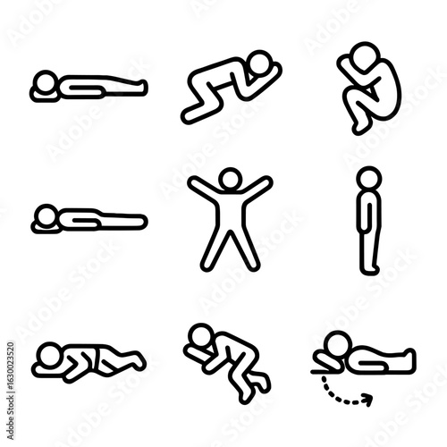 Sleep Position Icons. Outline icon set of sleep positions: supine position silhouette, side sleeping outline, fetal position icon,