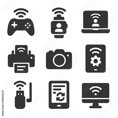 Device Connectivity Icons. Solid, filled icons set of connecting devices to Wi-Fi: gaming console signal,