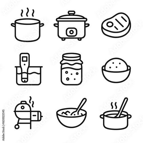Slow Cooking Icons. Outline icon set of slow cooking and fermentation: simmering pot, slow cooker outline, braised meat silhouette