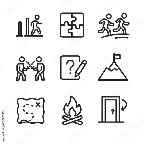 Challenge Icons Grid. Outline icon set of challenge types: obstacle, puzzle, race, duel, quiz, mountain climb, treasure hunt,