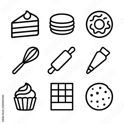 Dessert Icon Set. Outline icon set of dessert and pastry fairs: cake slice, macaron, doughnut, whisk, rolling