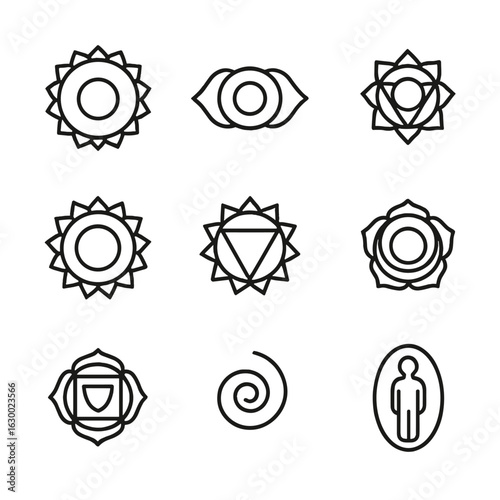 Chakra Icon Set. Outline icon set of chakras and energy: crown chakra, third eye, throat chakra, heart chakra, solar plexus,