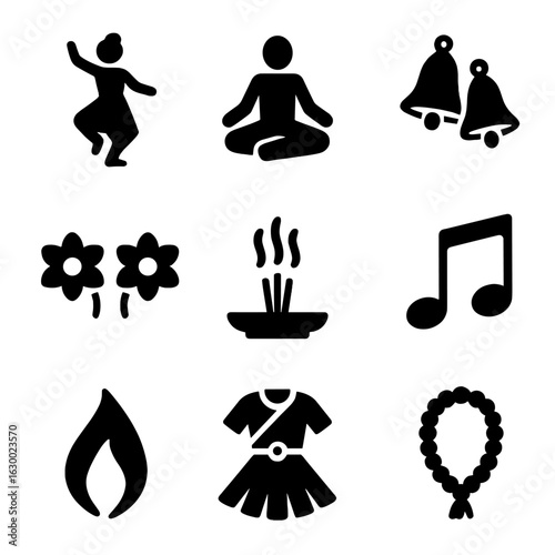 Devotional Dance Icons. Solid, filled icons set of Devotional dance forms: dancer silhouette, lotus position,