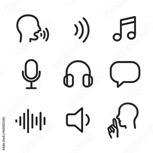 Chant Icon Set. Outline icon set of chant expressions: open mouth, sound waves, musical notes, microphone, headphones, speech
