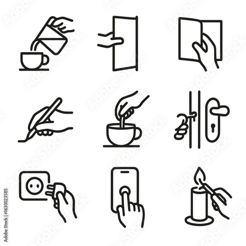 Slow Life Icons. Outline icon set of slow motion everyday life: pouring coffee, opening door slowly, turning page, writing pen