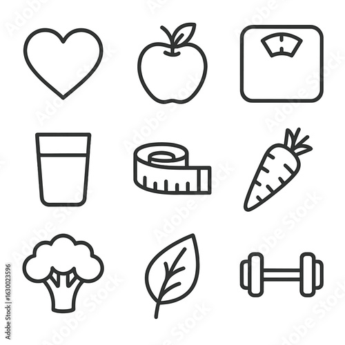 Diet Icon Grid. Outline icon set of diet and nutrition symbols: heart, apple, scale, water glass, measuring