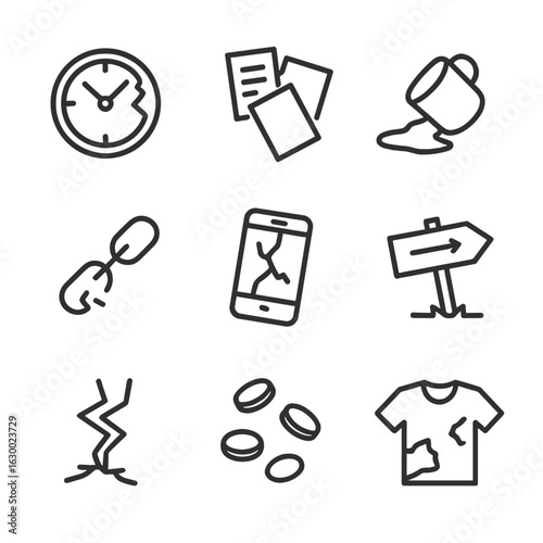 Chaos Aftermath Icons. Outline icon set of chaos aftermath: broken clock, scattered papers, spilled cup, broken chain, smashed