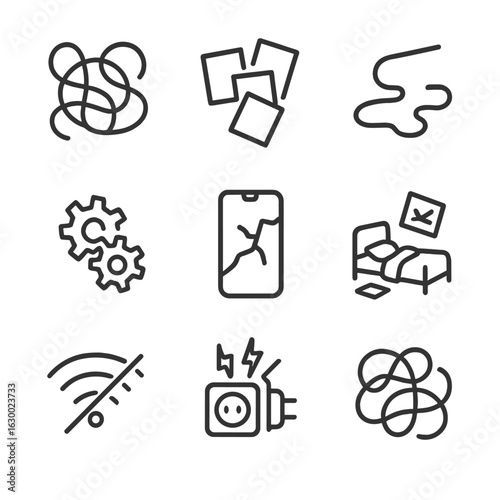 Chaos and Disorder Icons. Outline icon set of chaos and disorder: tangled wires, scattered papers, spilled liquid, broken gears,