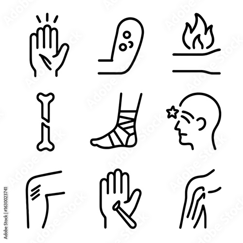 Injury Icons Set. Outline icon set of types of injury: cut, bruise, burn, fracture, sprain, concussion, abrasion, puncture wound,