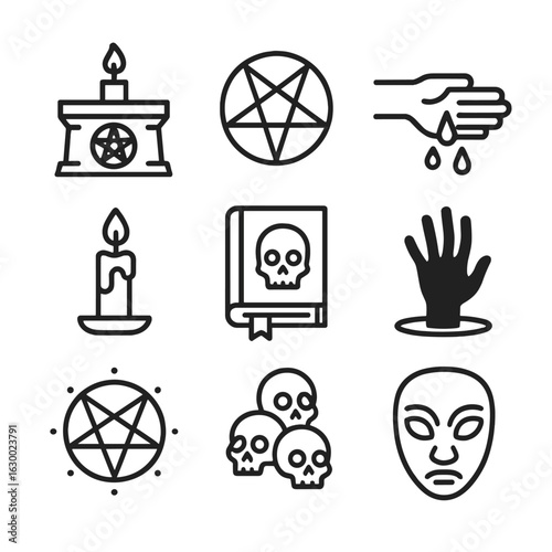Chaos Ritual Icons. Outline icon set of chaos rituals: dark altar, pentagram, blood sacrifice, burning candle, cursed book, shadow