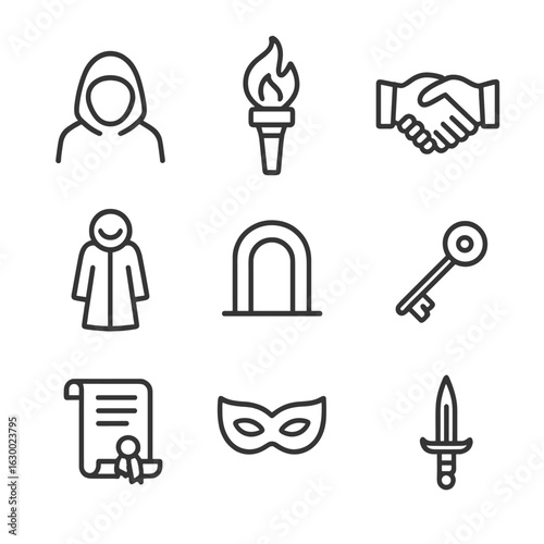 Initiation Ritual Icons. Outline icon set of initiation rituals: hooded figure, flame torch, secret handshake, ceremonial robe,