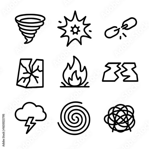 Chaos Elements Icons. Outline icon set of chaos elements: whirlwind, explosion, broken chain, shattered glass, wild fire, cracked