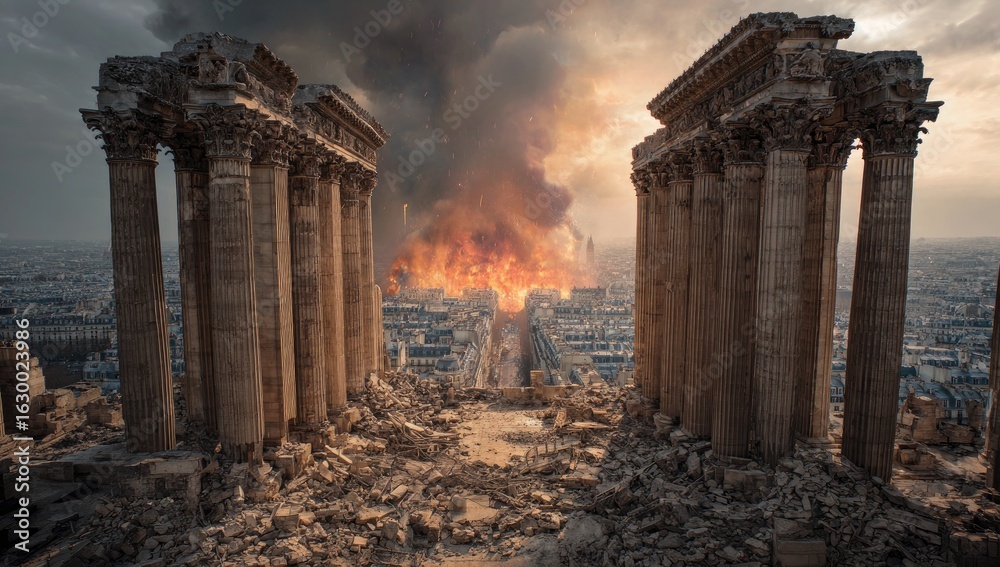 Fototapeta premium Ancient ruins overlooking a city engulfed in flames