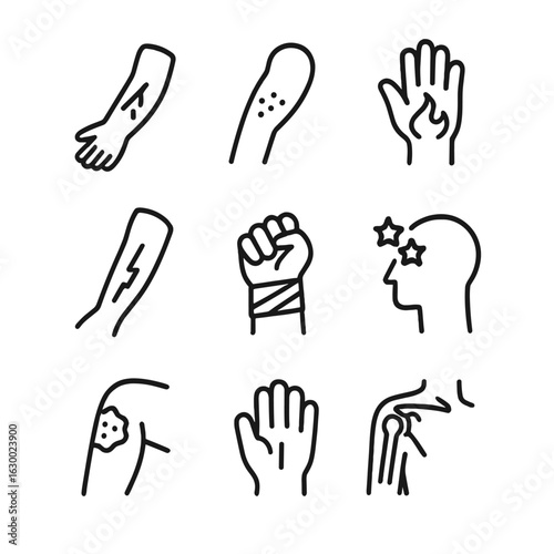 Injury Icons Set. Outline icon set of types of injury: cut, bruise, burn, fracture, sprain, concussion, abrasion, puncture wound,