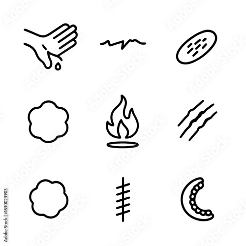 Injury Icon Set. Outline icon set of injury types: puncture wound, laceration, abrasion, contusion, burn mark, scratch, bruise,