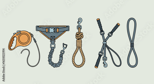 Illustration showcasing a variety of dog leashes and harnesses for pet walking and training purposes