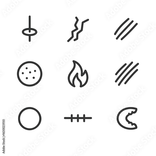 Injury Types Icon Set. Outline icon set of injury types: puncture wound, laceration, abrasion, contusion, burn mark, scratch,