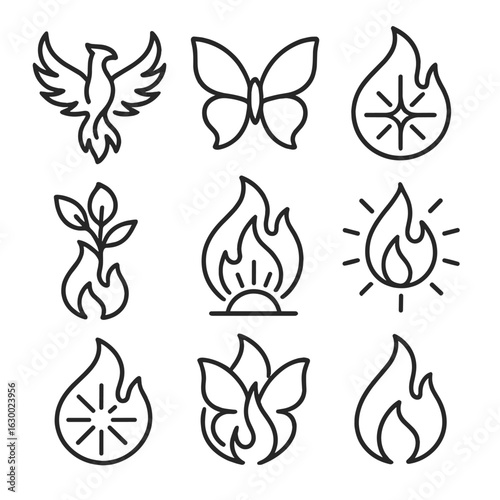 Inner Fire Icons. Outline icon set of inner fire in transformation and change: phoenix flame, butterfly fire, rebirth spark,