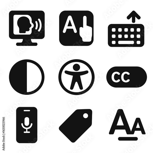 Digital Accessibility Icons. Solid, filled icons set of digital accessibility: screen reader icon, alt text