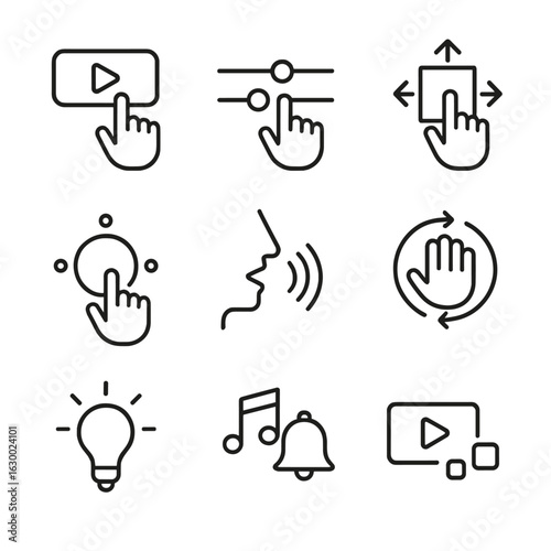 Digital Art Icons Grid. Outline icon set of interactive digital art elements: buttons, sliders, draggable
