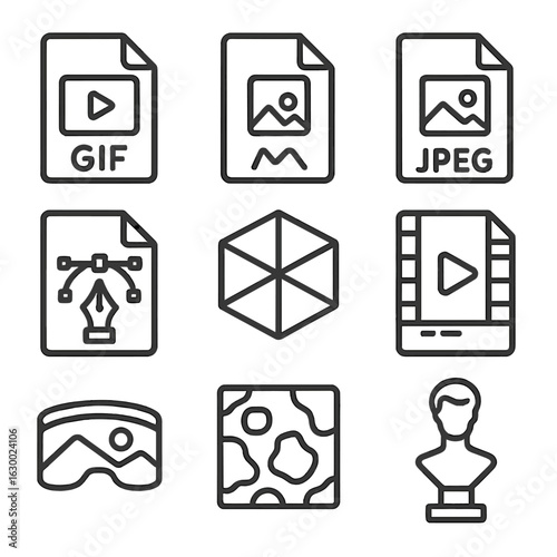 Digital Art Icon Grid. Outline icon set of digital art formats: GIF, PNG, JPEG, vector file, 3D model,