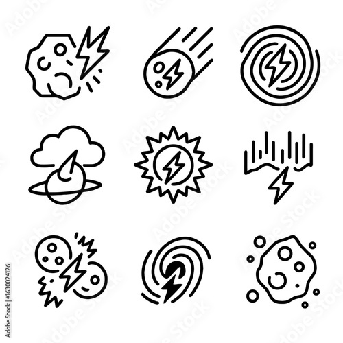 Cosmic Thunder Icons. Outline icon set of thunder in astronomy: thunderous impact, meteor strike, cosmic waves, space storm, solar