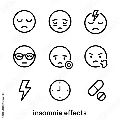Insomnia Effects Icons. Outline icon set of insomnia effects: tired face, dark circles, headache, blurry vision, lack of focus,