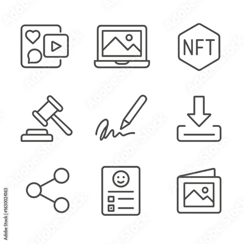 Digital Art Marketing Icons. Outline icon set of digital art marketing: social media icons, online portfolio,