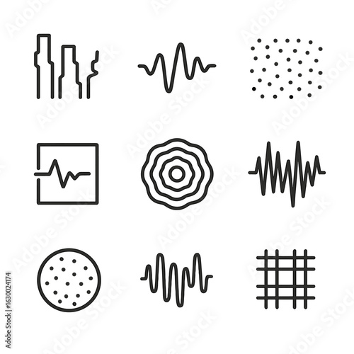 Chaotic Signal Icons. Outline icon set of chaotic signal and noise: distorted bars, crackling wave, interference dots, glitch mesh