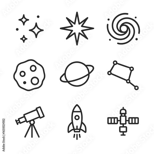 Cosmic Icon Set. Outline icon set of cosmic eternity: star cluster, supernova, galaxy spiral, asteroid, planet ring, constellation