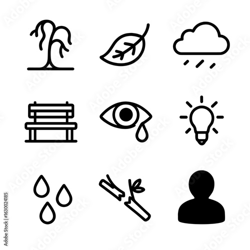 Sorrowful Nature Icons. Outline icon set of sorrowful nature: wilted tree, fallen leaf, cloudy sky, empty bench, crying eye,