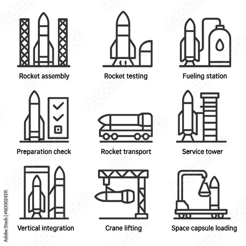 Cosmodrome Icon Set. Outline icon set of cosmodrome preparation: rocket assembly, rocket testing, fueling station, preparation