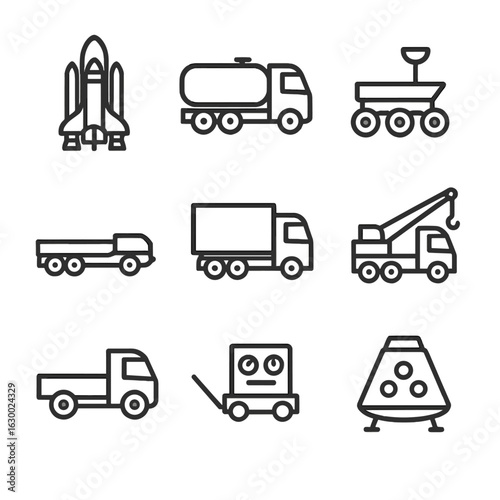 Cosmodrome Vehicle Icons. Outline icon set of cosmodrome vehicles: space shuttle, fuel truck, rover, transporter, cargo truck,