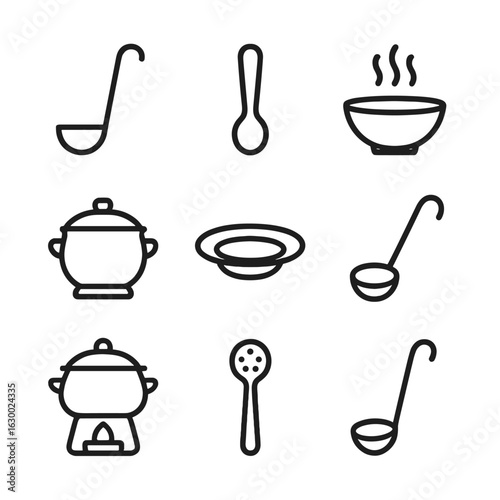 Soup Tool Icons. Outline icon set of soup serving tools: soup ladle, serving spoon, soup bowl, tureen, soup plate, broth spoon,