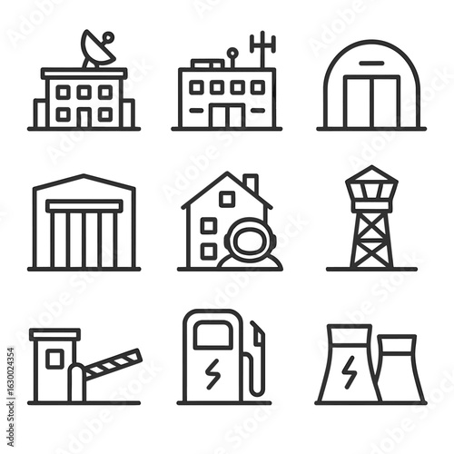Cosmodrome Icon Set. Outline icon set of cosmodrome buildings: launch control, command center, storage facility, maintenance