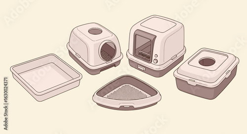 Arrangement of various cat litter boxes including hooded and open designs on a neutral background