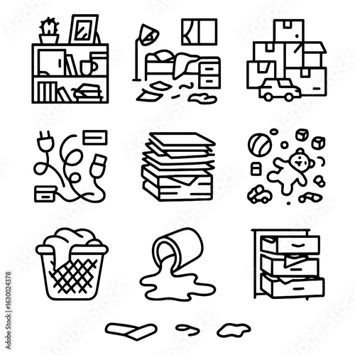 Chaotic Space Icons. Outline icon set of chaotic spaces: cluttered shelf, messy room, piled boxes, tangled wires, stacked files,
