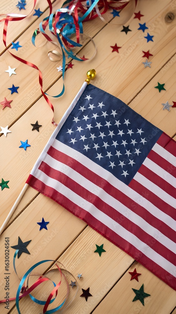 Obraz premium American Flag Surrounded by Festive Stars and Colorful Streamers on Wood Surface