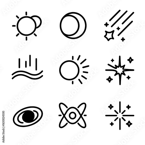 Space Phenomena Icons. Outline icon set of space phenomena: solar eclipse, lunar eclipse, meteor shower, aurora, solar flare,