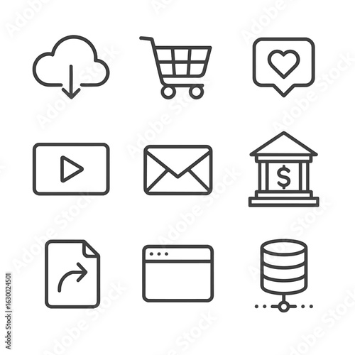 Internet Services Icons. Outline icon set of internet services: cloud storage, online shopping cart, social media, streaming play