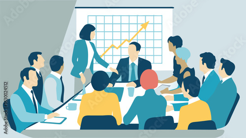 Business team meeting with presentation of upward trending graph on whiteboard in conference room setting