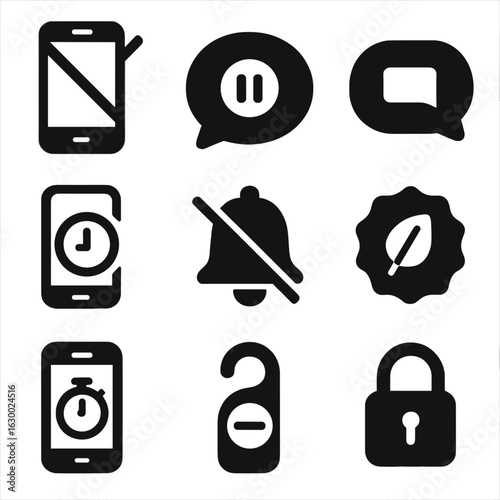Digital Boundaries Icons. Solid, filled icons set of digital boundaries in friendships: phone off icon,