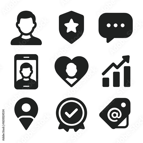 Digital Branding Icons. Solid, filled icons set of digital brand ambassadors: influencer avatar, badge with