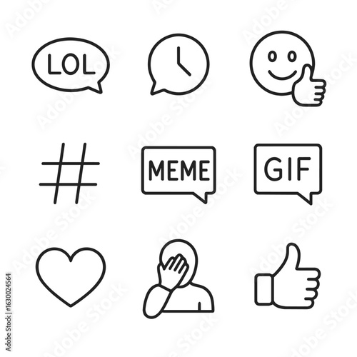 Internet Slang Icons. Outline icon set of net culture slang and expressions: LOL, BRB, emoji reactions, hashtag, meme text, GIF