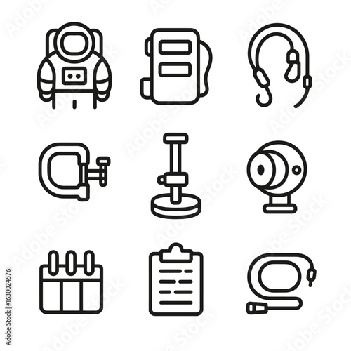 Spacewalk Equipment Icons. Outline icon set of spacewalk equipment: EMU spacesuit, SAFER pack, safety tether, handrail clamp, foot