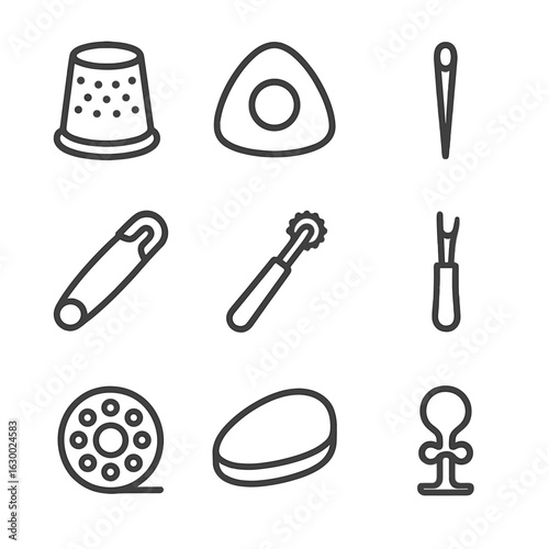 Costume Workshop Tools. Outline icon set of costume workshop tools: thimble, fabric chalk, hand needle, safety pin, tracing wheel,