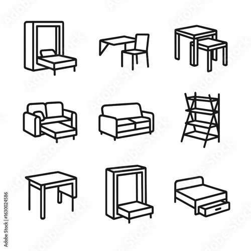 Space-Saving Furniture Icons. Outline icon set of space-saving furniture: fold-out bed, wall-mounted desk, nesting table, pull-out