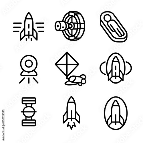 Interstellar Travel Icons. Outline icon set of interstellar travel concepts: warp drive, generation ship, cryosleep chamber, ion